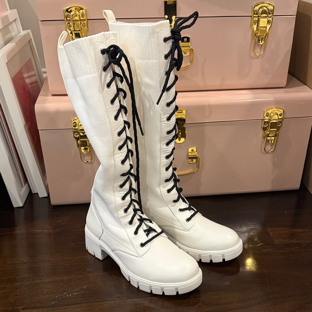 White Lace-Up Knee-High Combat Boots - Women's